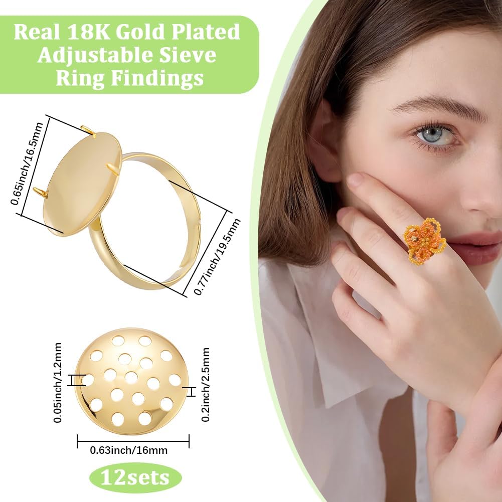 Beebeecraft 12 Sets Adjustable Ring Findings with Sieve 18K Gold Plated Ring Bezel Blanks Settings for Personalized Jewelry Making DIY Crafts Handmade Supplies