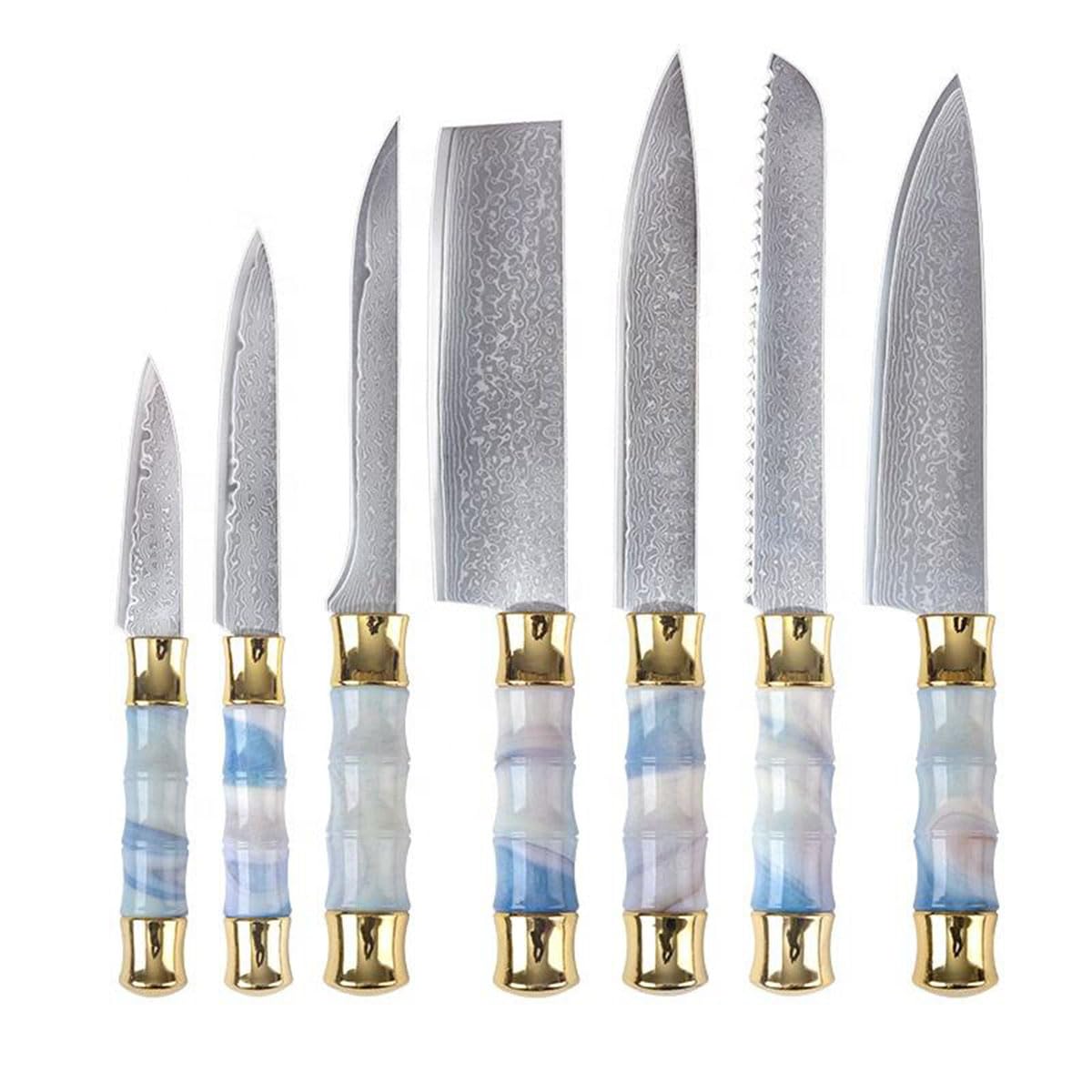 IKXO Knife Set Professional 7 Pcs Damascus Chopper Set 67 Ply with White and Blue ABS Handle Professional