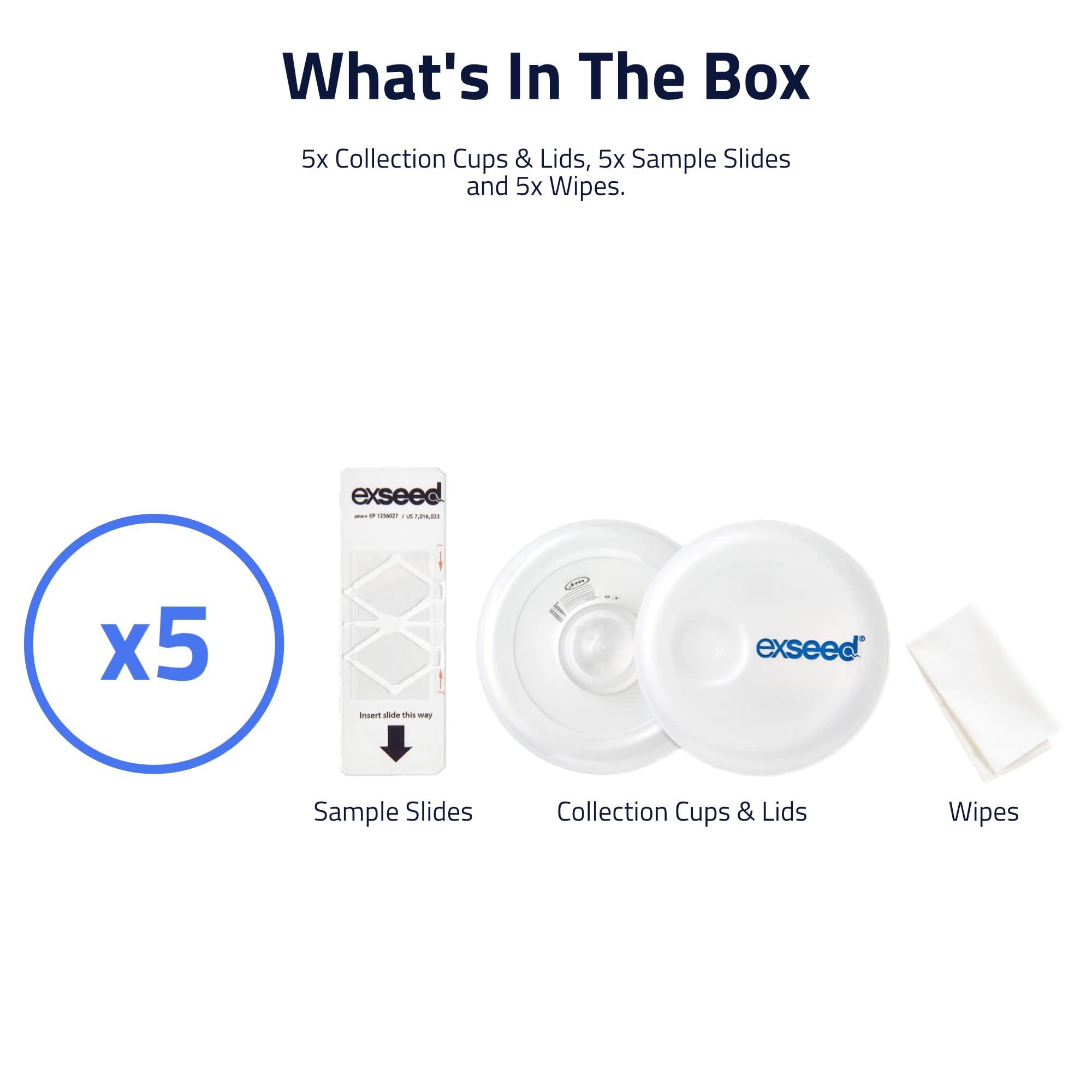 Health - Sperm Test Refill Kit - 5 Test Supply - Compatible with All ExSeed Home Test Kits - Male Fertility Kit - Track Sperm Health - with Collection Cups, Sample Slides & Wipes