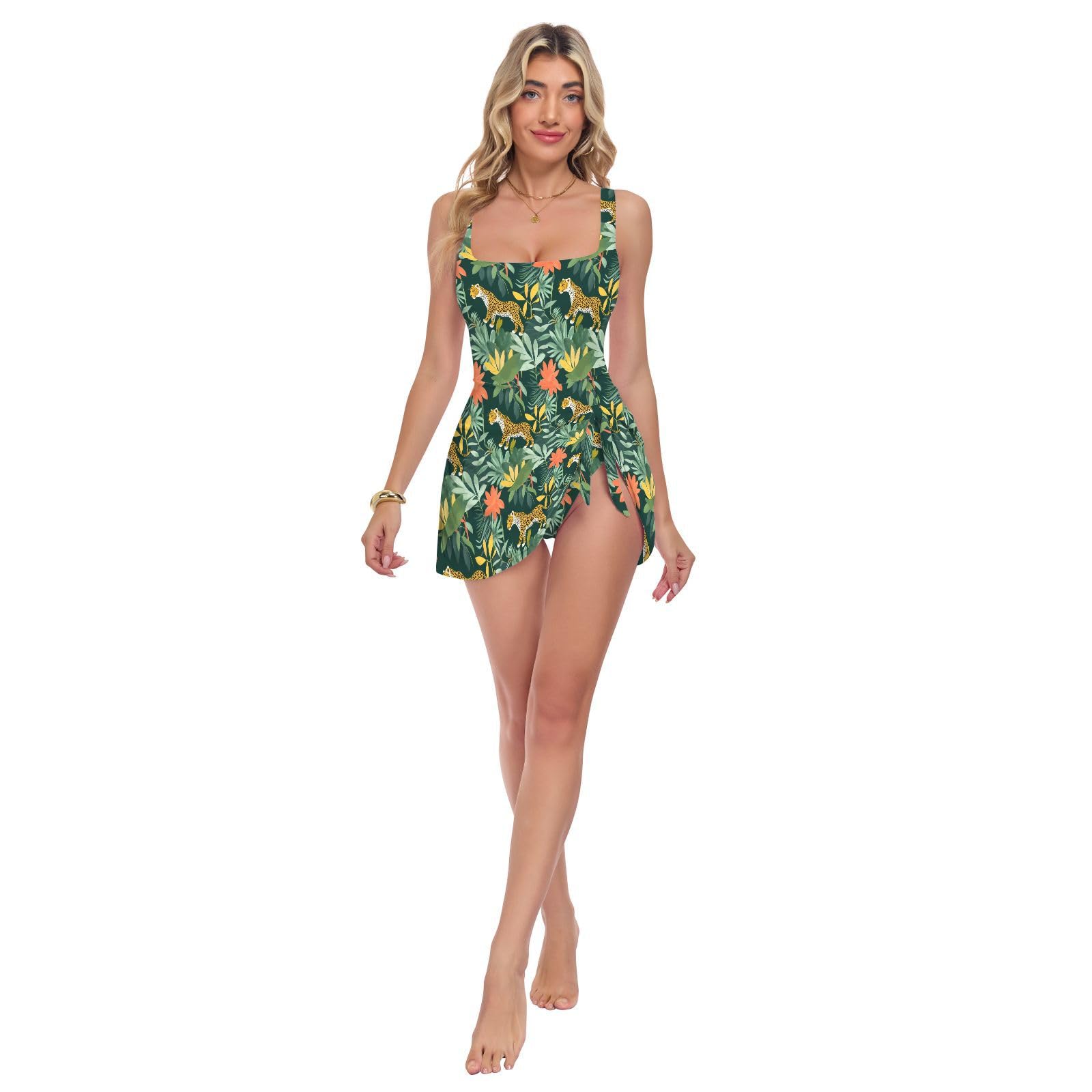 Costume da bagno intero da donna Costume da bagno da donna Costumi da bagno da donna Controllo della pancia Costumi da bagno Collo quadrato Animal Leopard Pattern