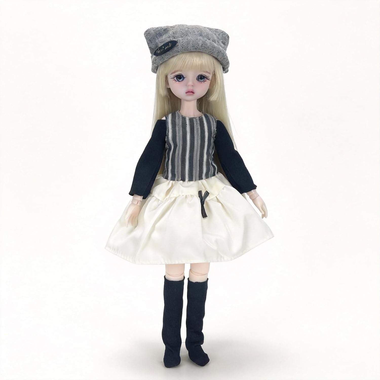 Striped Dress Outfit with Knit Cat Ear Hat – 30cm 1/6 YoSD BJD Clothes Set, Black Base Shirt & Knee Socks, Doll Not Included