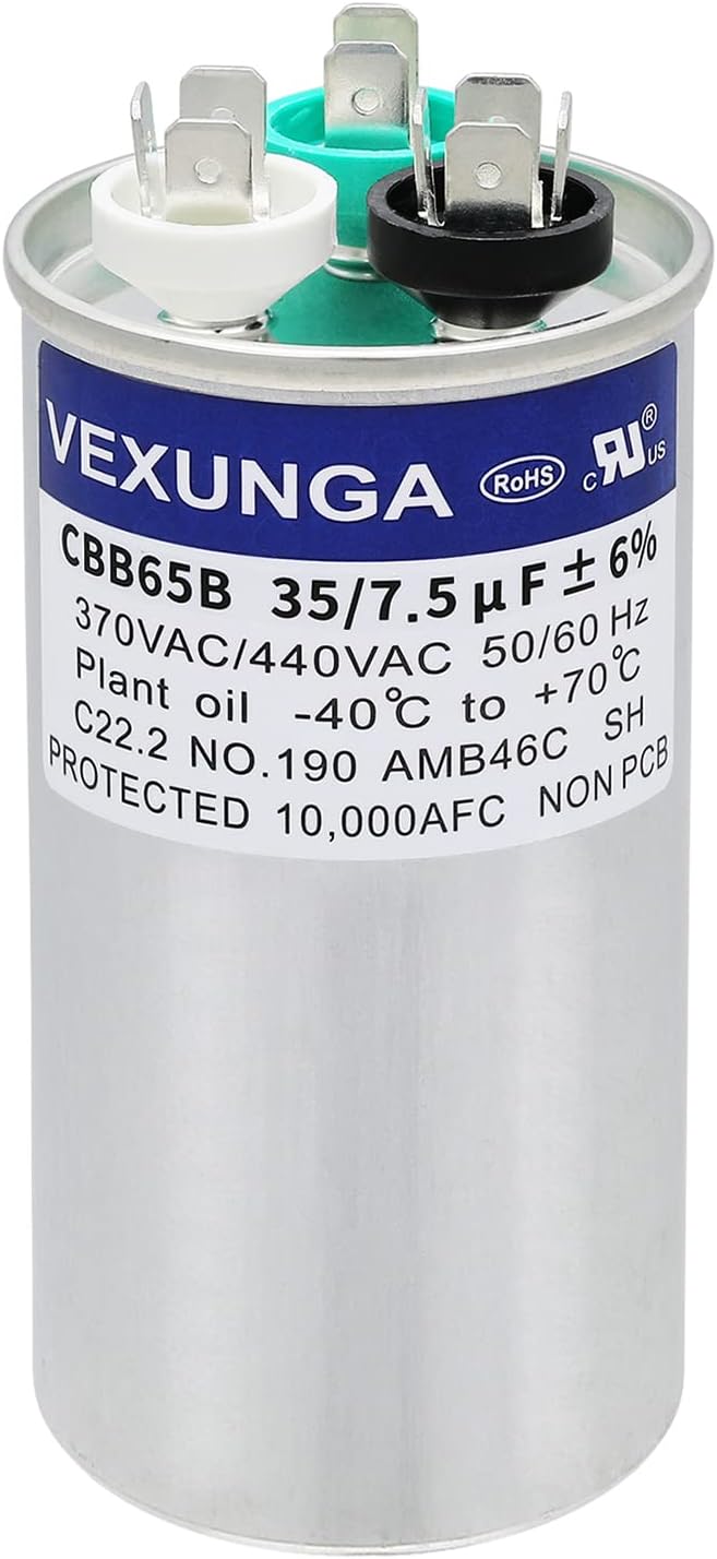 35/7.5 uF 35+7.5 MFD 370V or 440V Dual Run Start Round A/C Capacitor CBB65 CBB65B Air Conditioner Capacitors for AC Unit Fan Motor Start or Heat Pump or Condenser Straight Cool