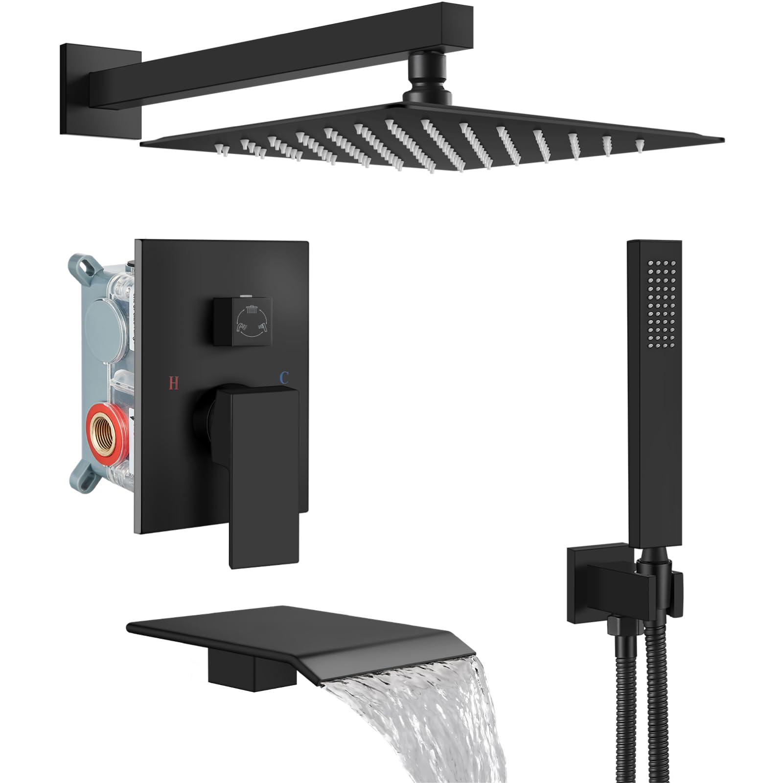 Hcfyauis Matte Black Rain Shower System With Tub Spout,Tub Shower Faucet Set With Rainfall Shower Head And Handheld Spray,Wall Mount Tub Shower Combo Rough-In Valve Included,8 Inch