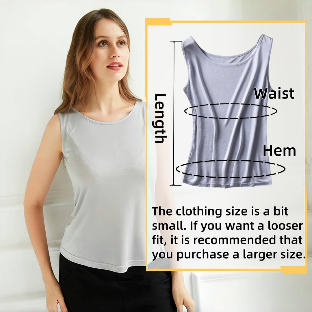 Silk Women's Vest-Soft Mulberry Silk Double-Sided Knit Tank Top,Round Neck Cute Summer Top Loose Fit,Summer Vest (US, Alpha, XX-Large, Regular, Regular, Beige) - Image 2