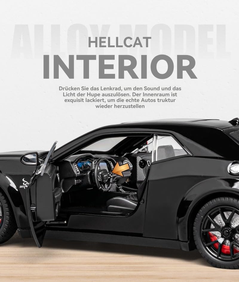 Image of Dodge Challenger SRT Hellcat 1:24 Diecast Car - Metal Model with Openable Doors, Sound & Light, Pull Back Action - Realistic Collectible Toy Car for Kids & Adults- Black