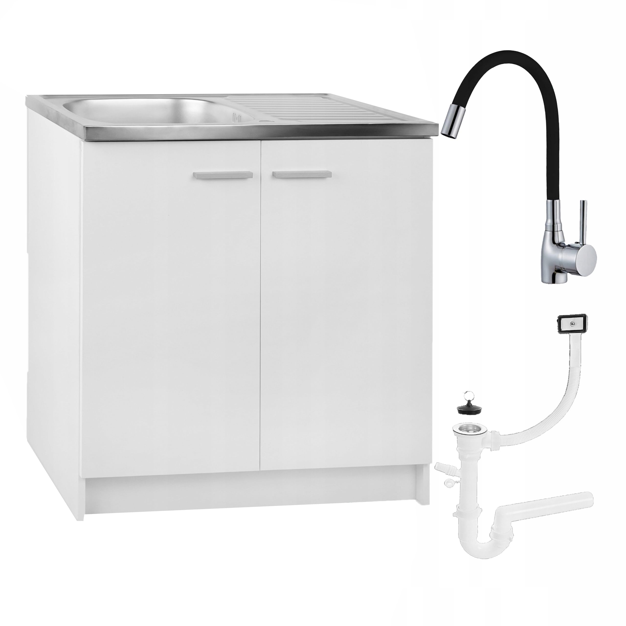 Armoire d'évier de cuisine - 80 cm - Blanc - Avec égouttoir - Élastique - XXL - 46 cm de profondeur - Siphon - Passe au lave-vaisselle - Prêt à monter