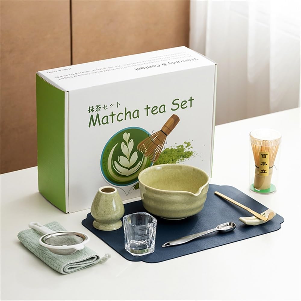 LZM-DIEWLEI Japanese Matcha Tea Set 10 Pcs Ceramic Matcha Bowl, Ceramic Whisk Holder, Matcha Whisk, Scoop, Sifter, Matcha Caddy, Tea Making Kit, Handmade Japanese Tea Ceremony Matcha Tea Kit(B)
