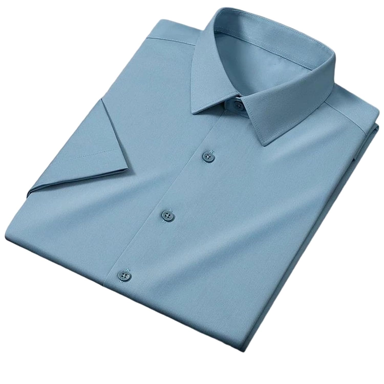 Mens Short Sleeve Dress Shirt Slim Fit Solid Color Turn-Down Collar Single Breasted Button Up Classic Business Attire