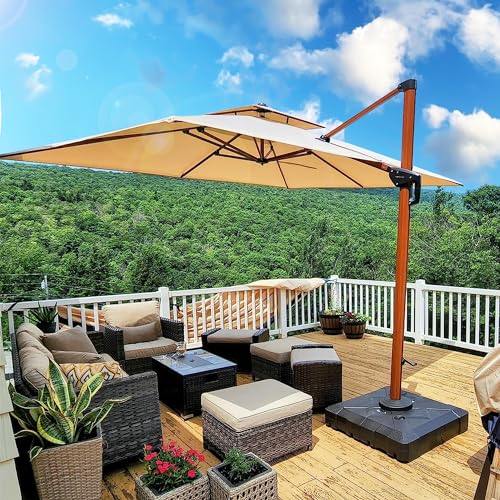 PURPLE LEAF 9 X 12 Double Top Deluxe Wood Pattern Rectangle Patio Umbrella Offset Hanging Umbrella Outdoor Market Umbrella Garden Umbrella Beige