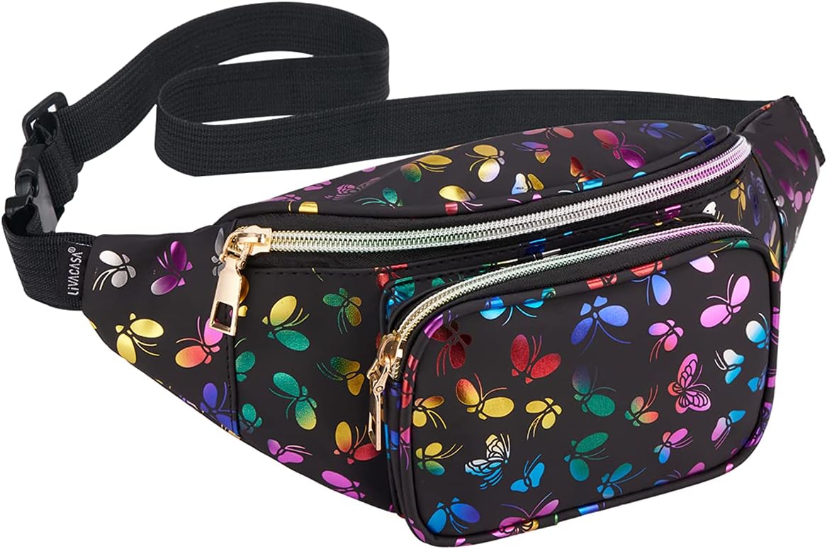 LIVACASA Fanny Packs for Women Cute Waist Packs Waist Bum Bag Holographic Fanny Packs Waterproof for Fun Travel Party Festival Hiking Black Butterfly