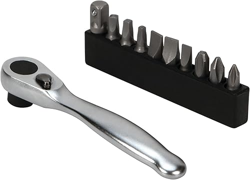 Performance Tool W475 Trinquete compacto de doble accionamiento de 1/4 pulgadas con juego de brocas de 10 piezas y soporte, acero al cromo vanadio