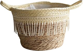 Seagrass Woven Storage Basket for Plants,Seegrass Laundry Basket,Decorative Wicker Baskets with Handles,Boho Decor Belly Basket for Storage Plant Pot Basket,Picnic,Grocery Basket,Bathroom or Pets