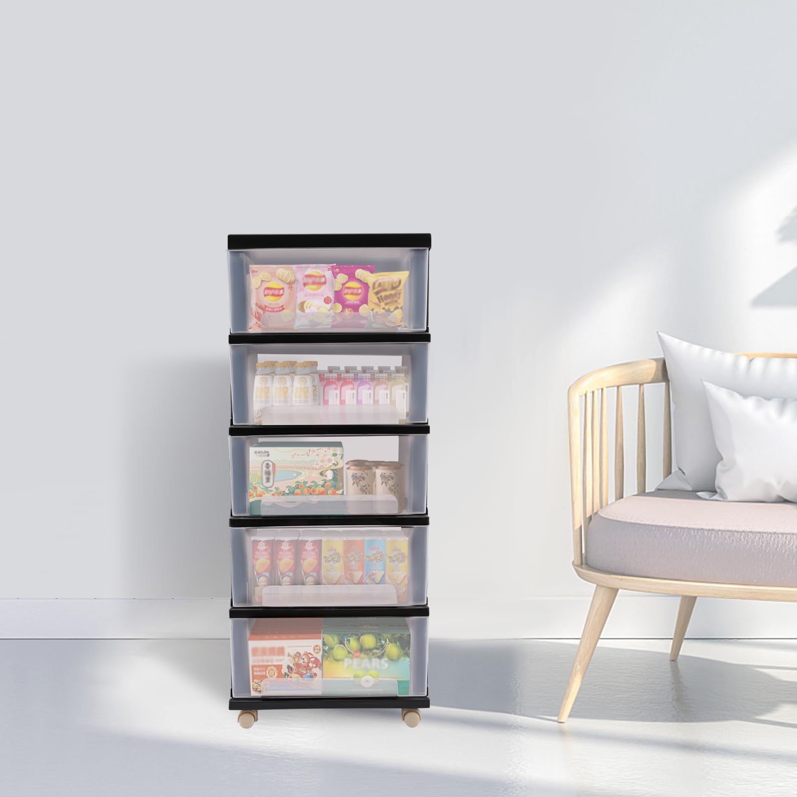 Cassetti in plastica trasparente multifunzionali a cinque strati, armadietto verticale impilabile, 5 cassetti trasparenti in formato A4, cassetto portaoggetti