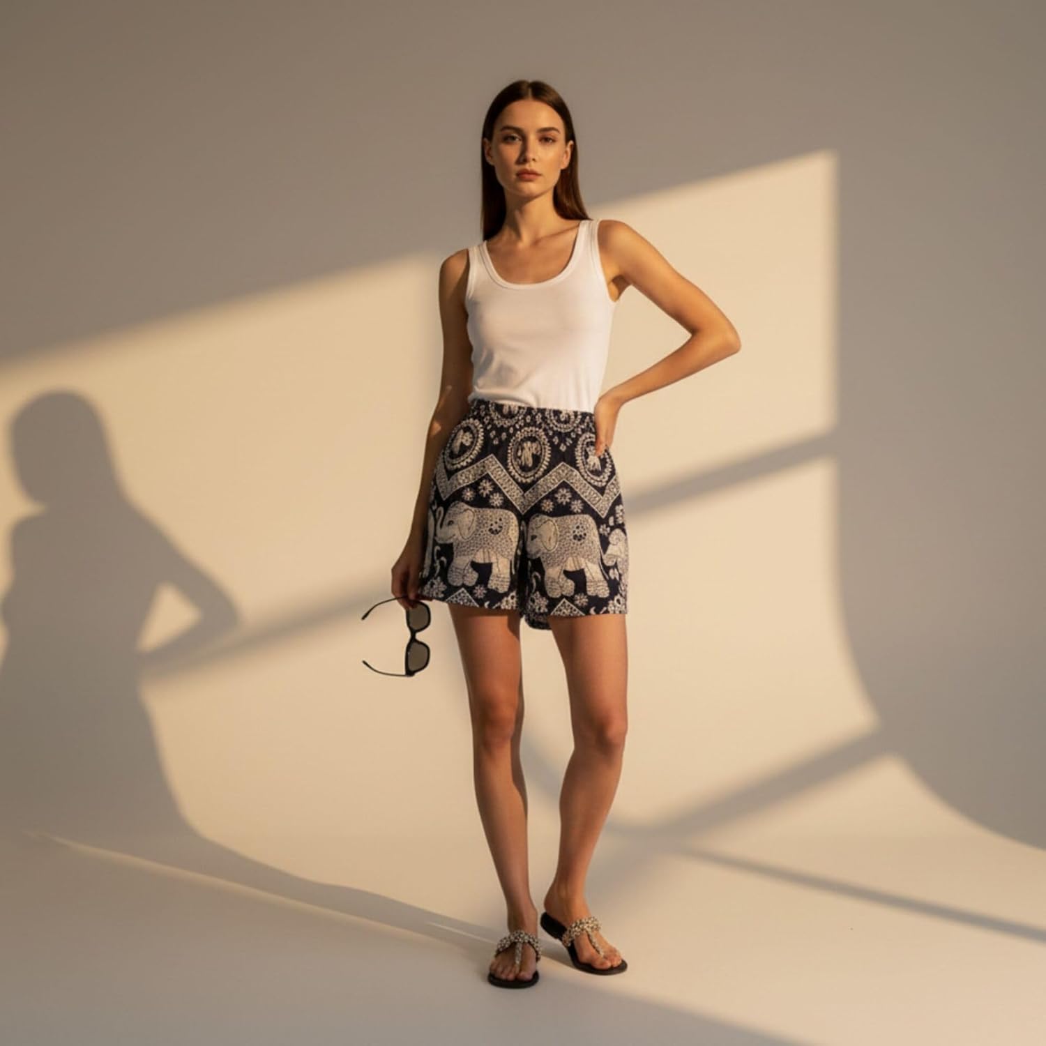 Zendrian Bohemian Elephant Print Harem Shorts, High Elastic Waist Summer Beach Shorts - Image 2