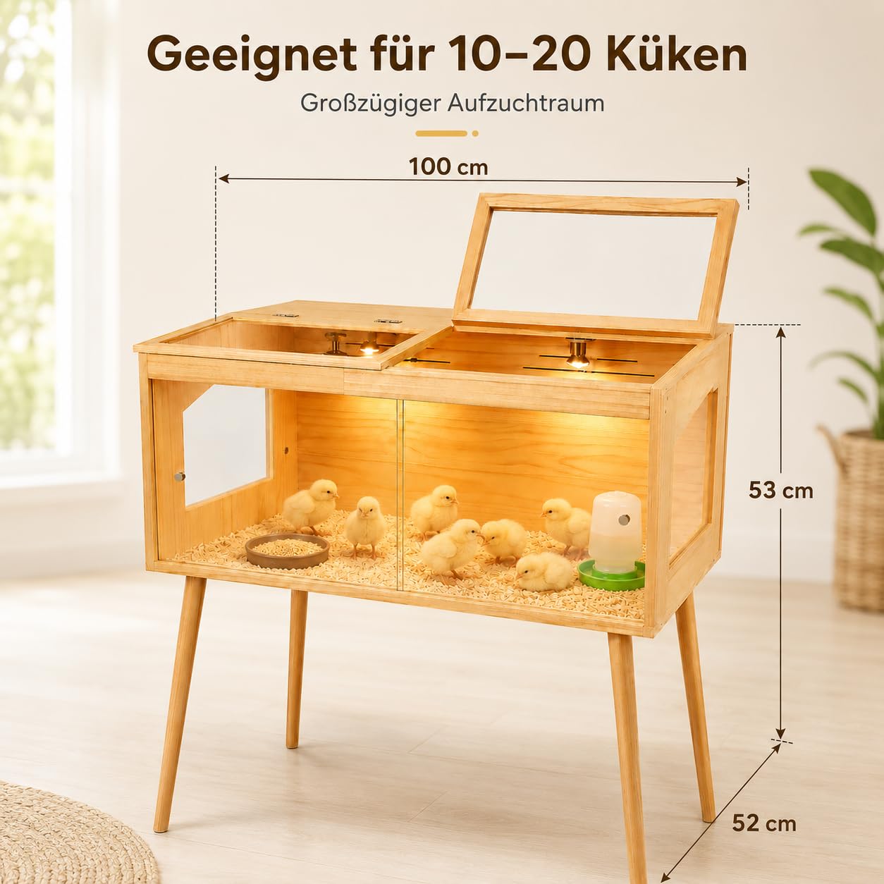 Casetta per l'allevamento di pulcini, 100 x 52 x 53 cm, in legno di pino con termostato, 2 lampade termiche, finestre in acrilico, ventilazione, porte scorrevoli e gambe in legno da 70 cm, per criceti