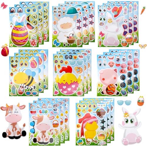 24 Stück Aufkleber Ostern & Sticker Ostern Tierische Make-a-Face Aufkleberbögen zum Mixen und Matchen als Party Favor und für Bastelprojekte