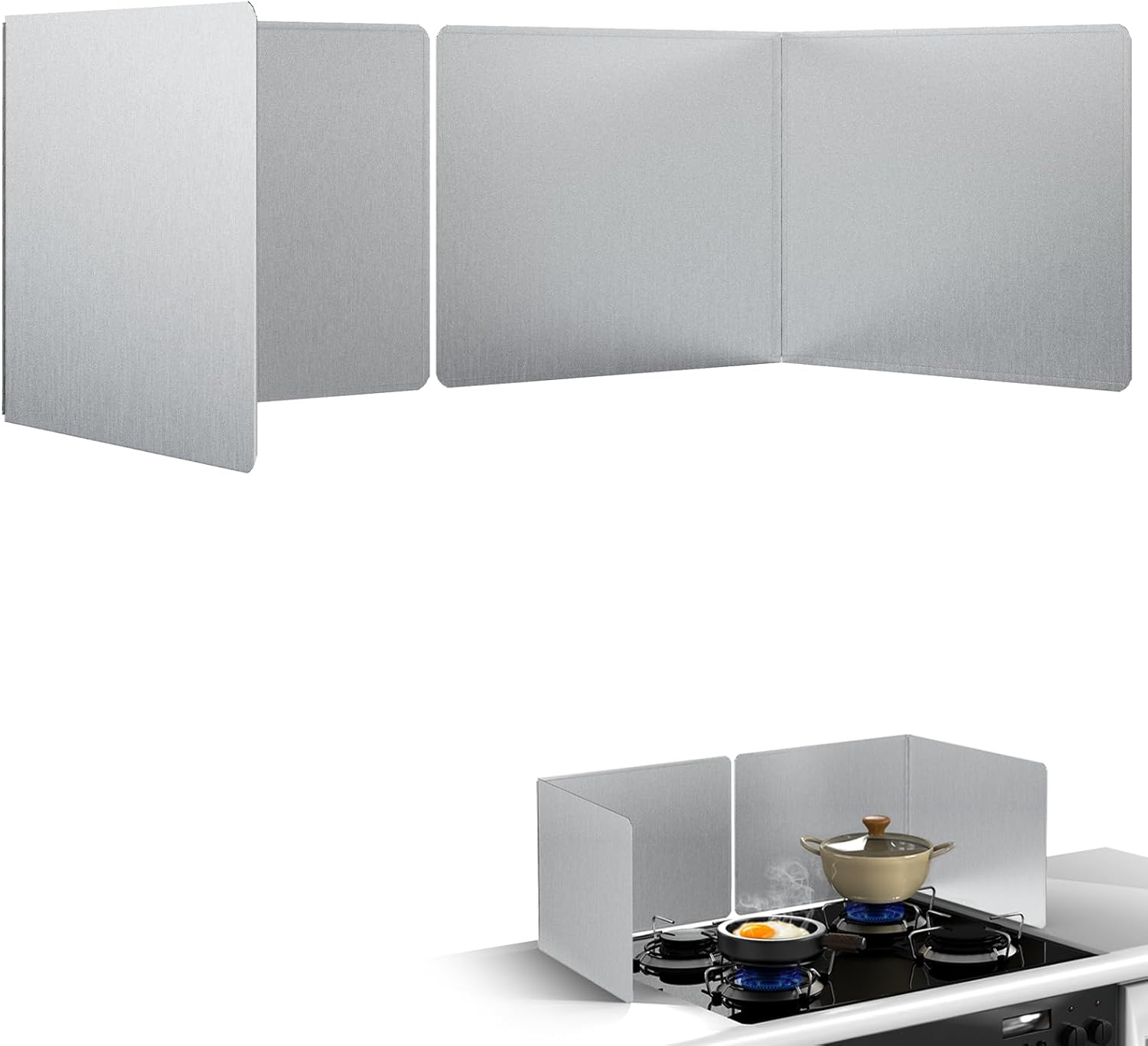 16"x12" Kitchen Splash Guard 2 PCS, Foldable Stainless Steel Backsplash Panel with Edge Protection, Heat Insulation Splashback for Stove and Counter