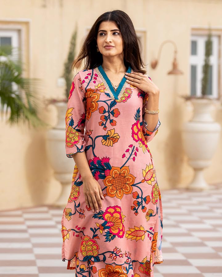 Image of LookMark Women Cotton Blend Kurta Set: Your Passport To Effortless Chic! Step Into Ethnic Glamour With Our Printed Kurti Pant Sets!