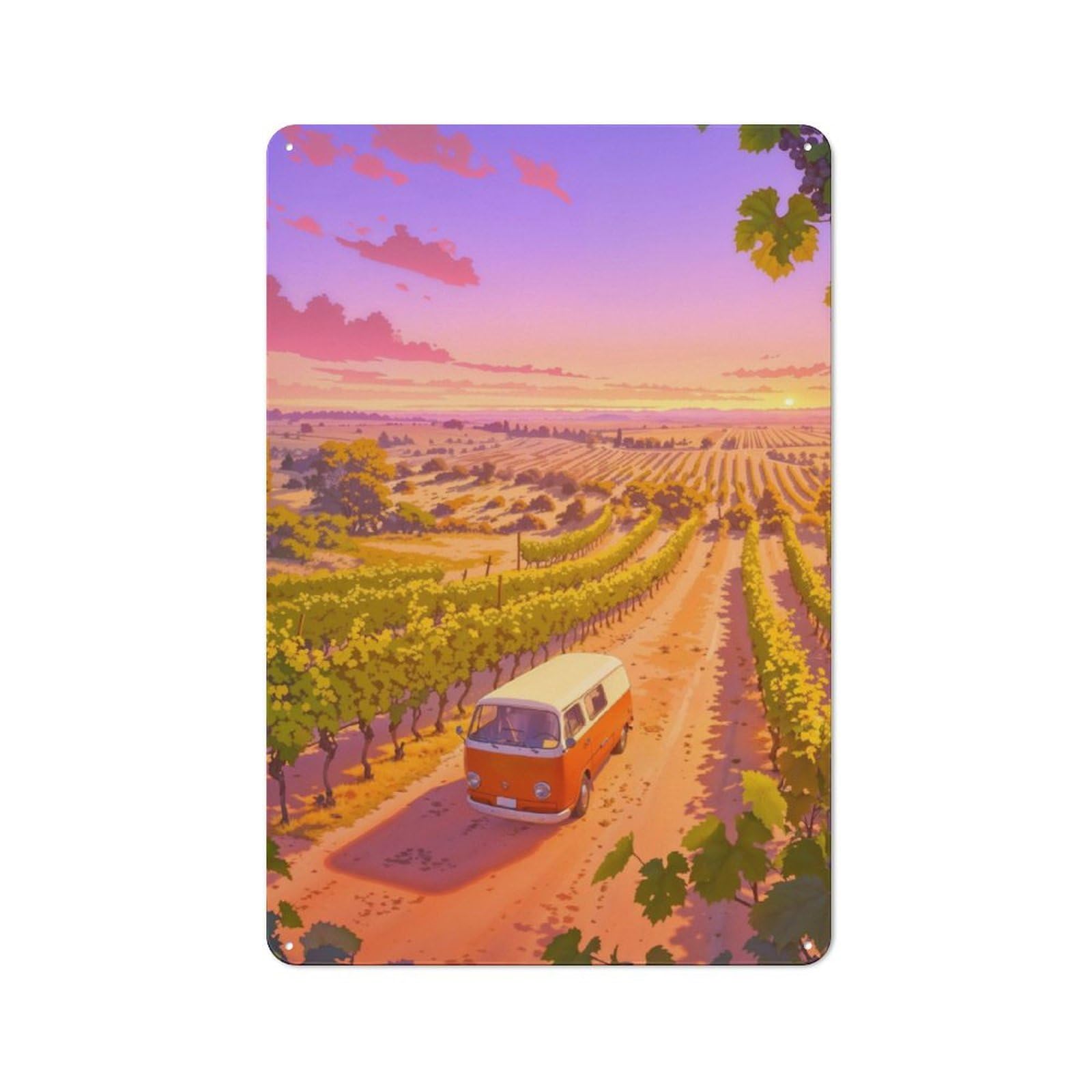 Junmoney Sunset Vineyard Van Industrial-Style Metal Plaque 30X20cm For Workshop Wall, For Vintage Wall Decor Fans, For Themed Room Decoration