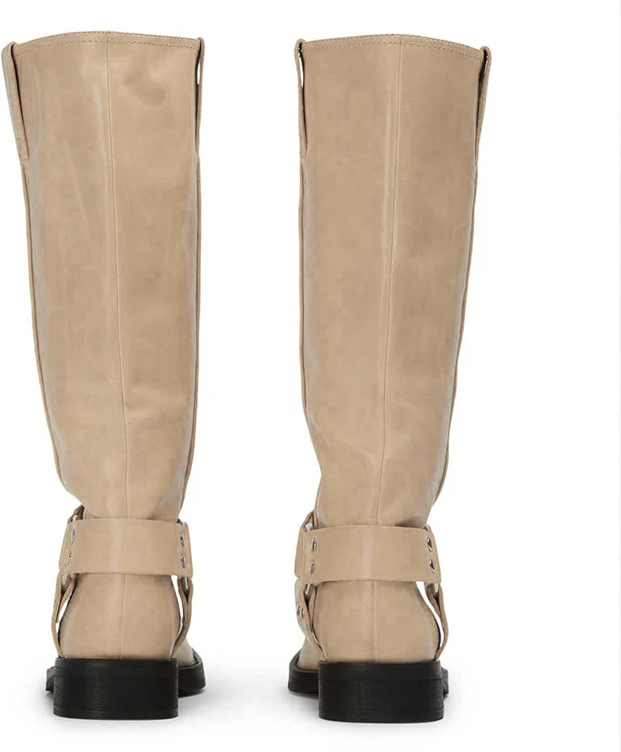 FIFSY Women's Knee High Boots Slip On Beige Riding Boots Buckle Boots for Women Sexy Squared Toe Low Chunky High Heel Tall Motorcycle Boots Women's Low Heel 1-2" Boots Dance Party Beige Booties US11 - Image 5