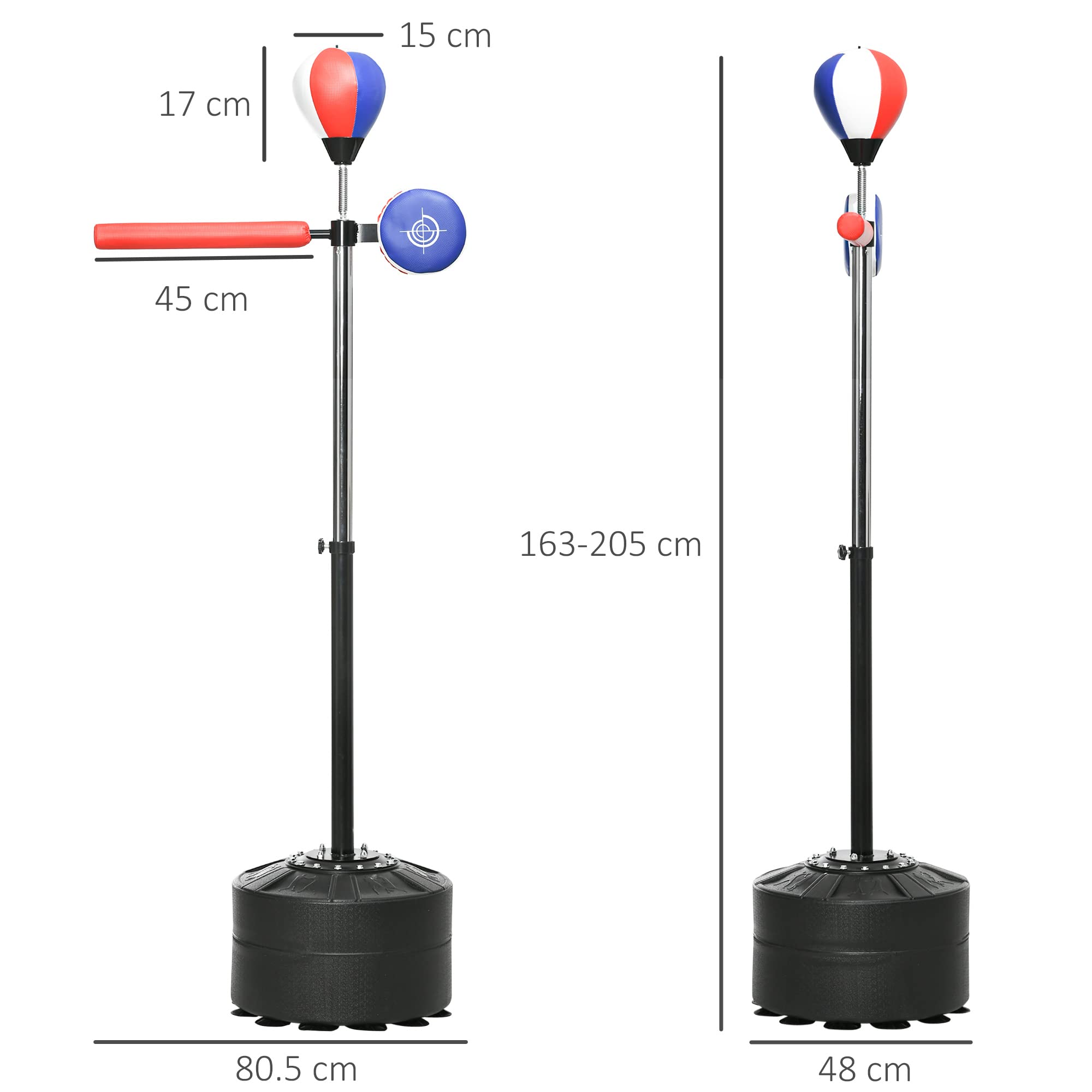 SPORTNOW Punching Ball da Terra per Adulti con Barra Reflex, Speedball e Colpitore, Pungiball da Terra con Altezza Regolabile da 163-205cm, Base Riempibile, Pompa d'aria e Set di Fasce da Polso