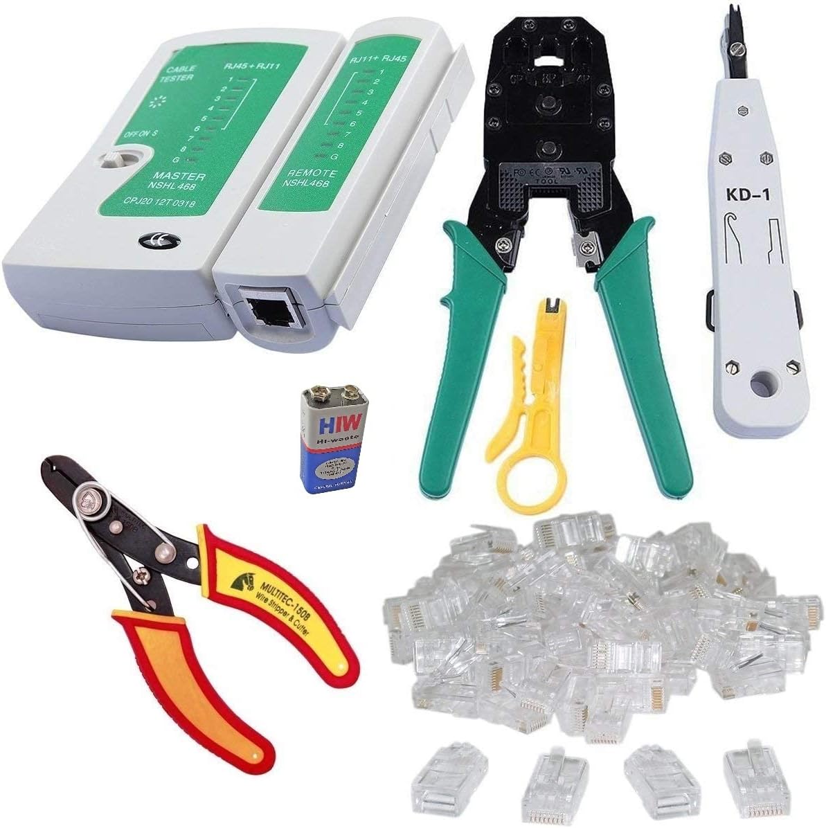 Inditrust Rj45 Rj11 Crimping Tool, double colour grip 150B cutter, KD-1 Professional Punch Down Tool, Network Lan Cable Tester, 9V battery & 25 Pcs RJ45 Connectors Combo Set