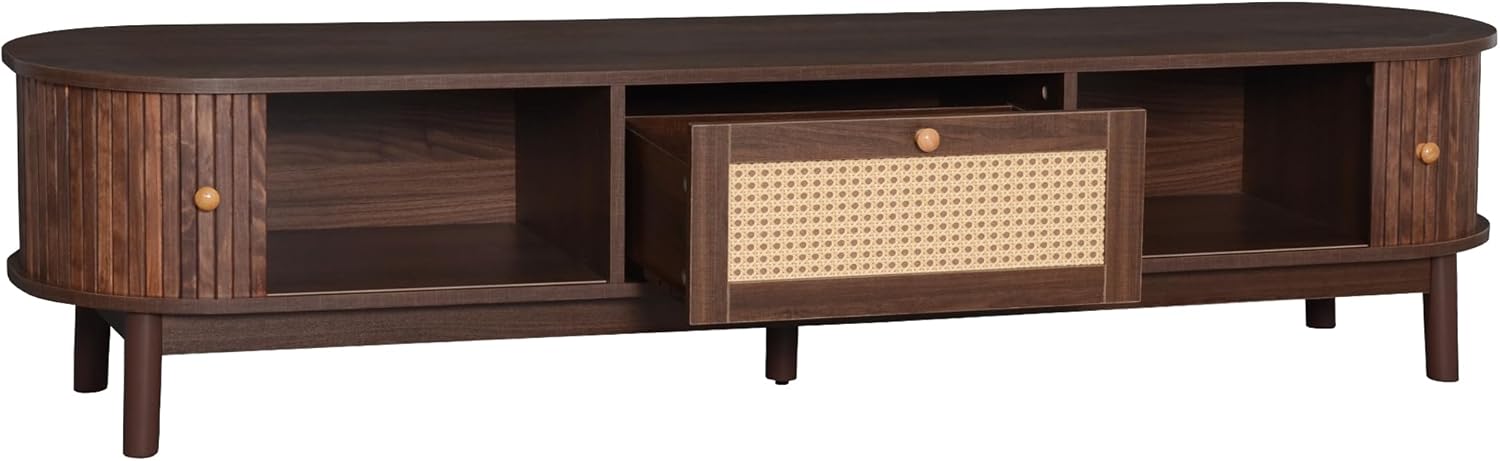 Merax Mid-Century Modern TV Stand for 75 Inch TVs, Fluted Wood Media Console with Tambour Doors & Rattan Drawer, Boho Entertainment Center with Storage, Solid Wood Legs, Walnut