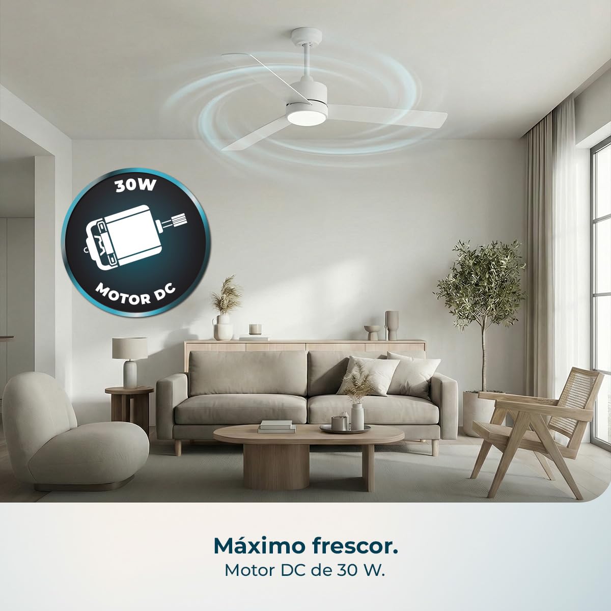 Cecotec Ventilador de Techo con Luz EnergySilence Aero 452 QuickSnap White. 30W, Motor DC, Diámetro 52" (132cm), 3 Aspas, 3 Tonos LED, Mando a Distancia, Temporizador, Montaje Rápido con un “Click” | Fernbedienung, Timer bis 8 Std., 6 Geschwindigkeitsstuf