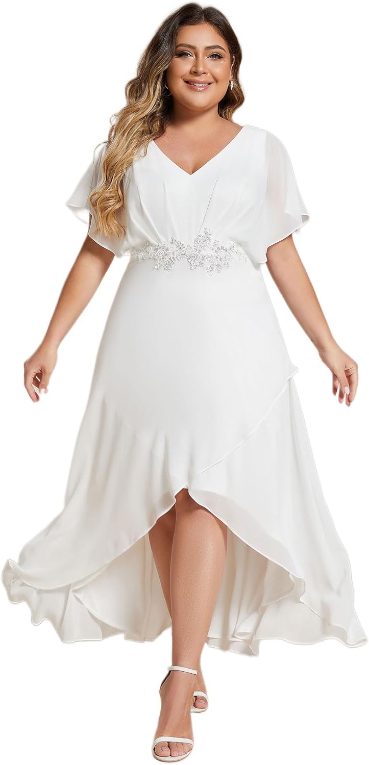Ever-Pretty Women's Plus Size V Neck Applique Short Sleeves Maxi Formal Wedding Guest Dress White US26