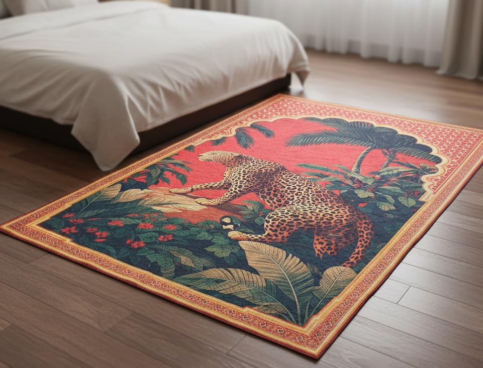 Image of Cotton Bolls Textiles Rugs for Living Room 5x7 Feet Large Size | Lightweight Foldable Carpet for Bedroom & Hall | Easy to Handle During Daily Cleaning | Travel Friendly Printed Rug | Leopard