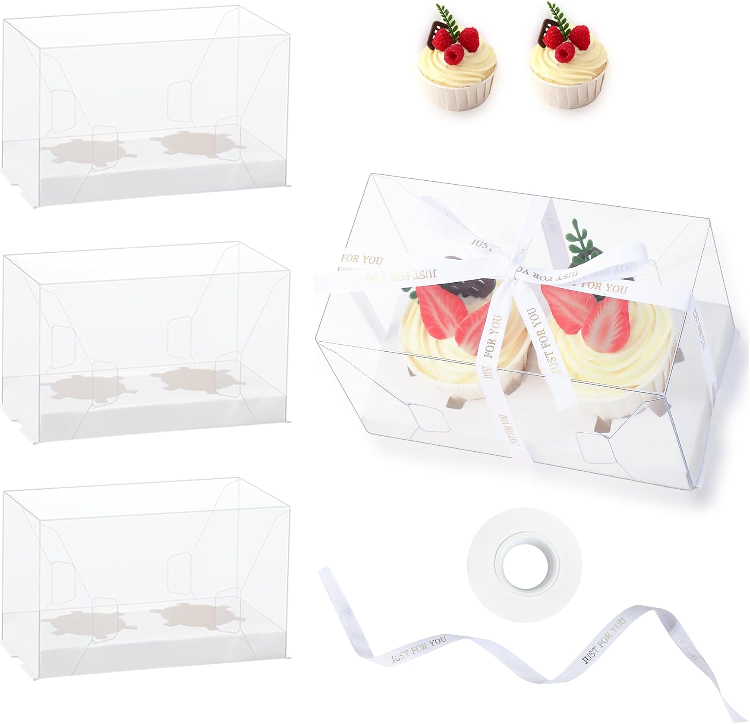 20 Packs 2 Count Clear Cupcake Boxes Cup Cake Holder Containers with Gift Ribbon Cookies Muffins Packaging for Party Baking Wedding plastic Cupcake Carrier for Treat Dessert