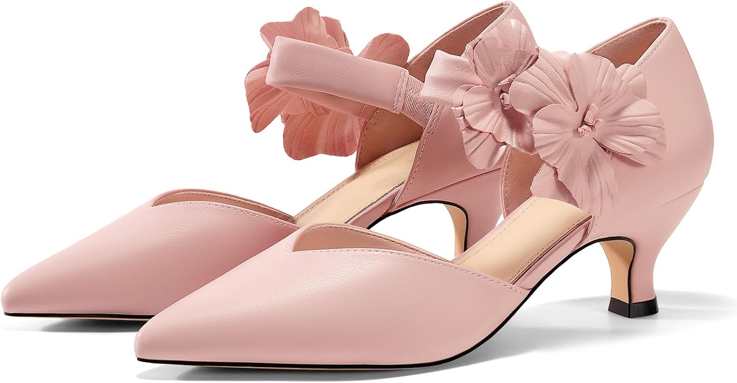 Coutgo Womens Low Kitten Heels Dressy Shoes Comfortable Closed Toe Flower Slip on Formal Party Dance Heeled Pumps - Image 4