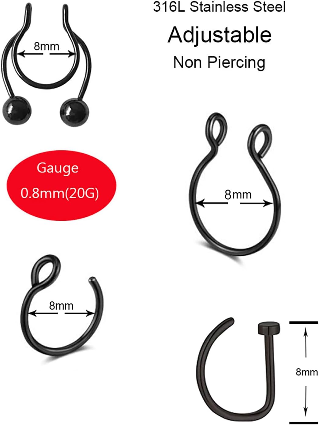 12pcs Fake Nose Ring Hoops Set, 20g Faux Nose Rings 316L Stainless Steel Faux Body Piercing Jewelry For Women