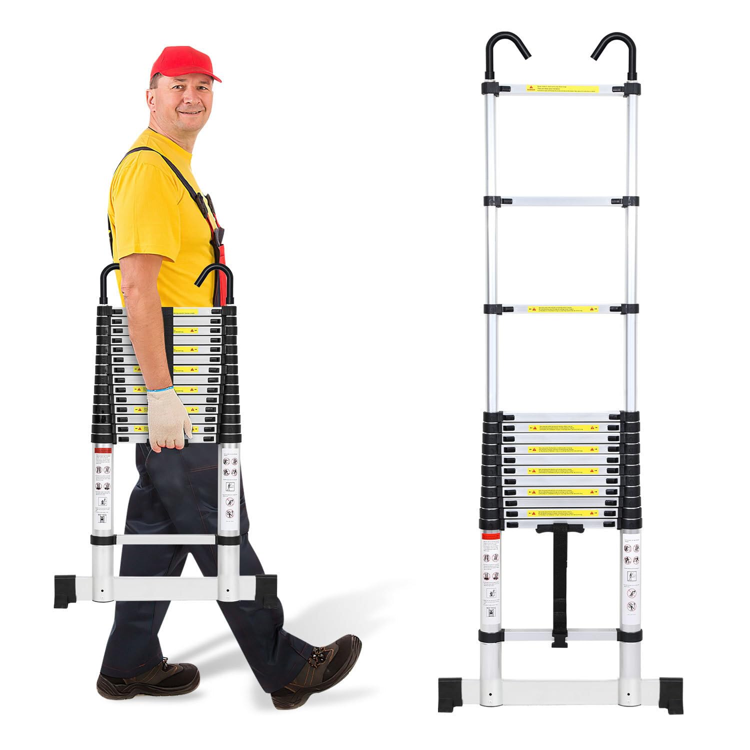 4.4m Multipurpose Aluminum Telescopic Ladder with 2 Removable Hooks, Telescopic Design, 150kg/330lbs Load Capacity, Non-Slip Scissor Ladder, Silver