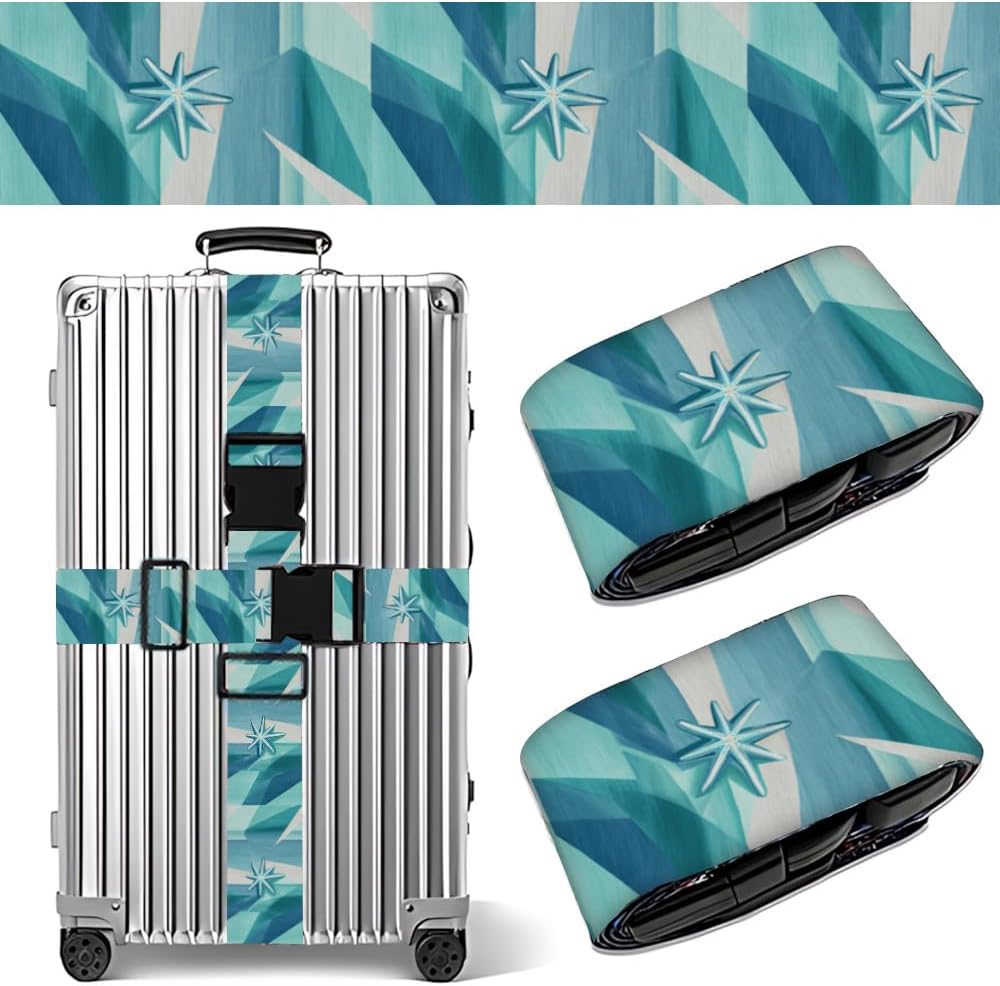 2 Pack Luggage Straps for Suitcases, Adjustable Travel Belt with Buckle, 2" Wide Heavy Duty Suitcase Straps for Summer Vacation, Ice Crystal Starburst Pattern, Travel Essentials, Teal/Blue image 5