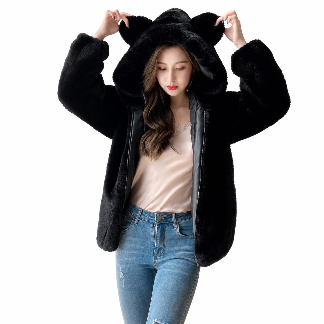 Women's Faux Fur Teddy Hoodie Jacket with Bear Ears-image-39