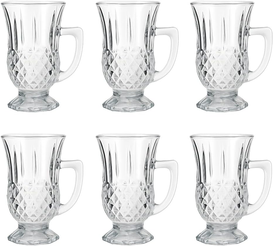 Footed Turkish Tea Glasses With Handle, Set of 12 Cups, Crystal Clear Tea and Latte Glasses, Slim Waist Design and Thick Sole Prevent the Drinks From Getting Cold, Dishwasher Safe, 5.5 oz