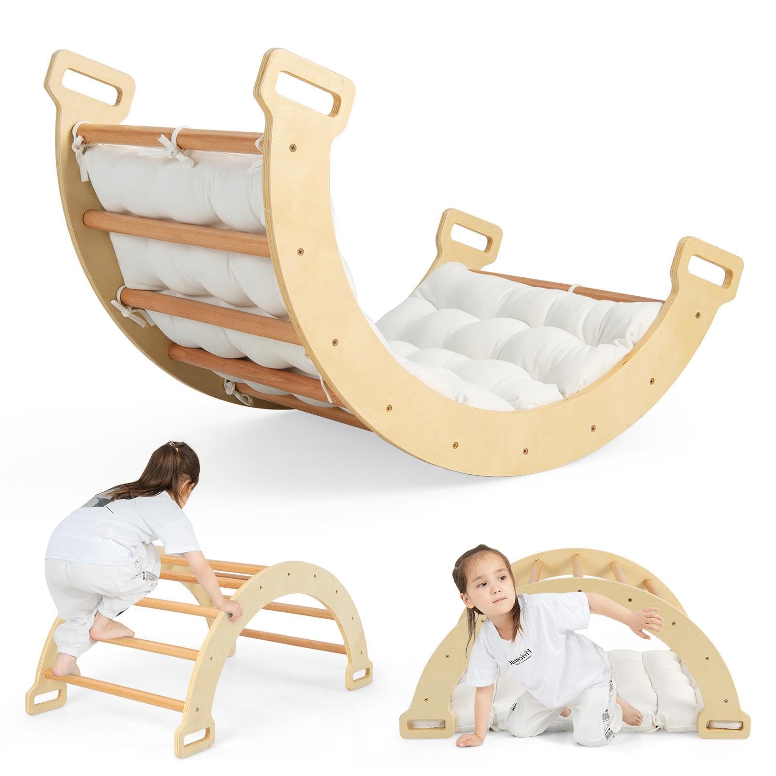 HOMASIS Kletterbogen mit Kissen, Holz Klettergerüst Indoor, Montessori Holzwippe Bogenwippe zum Wippen & Klettern, Picklerdreick Baby, Kletterdreieck Klettergeräte für Kinder ab 3 Jahre (Natur)