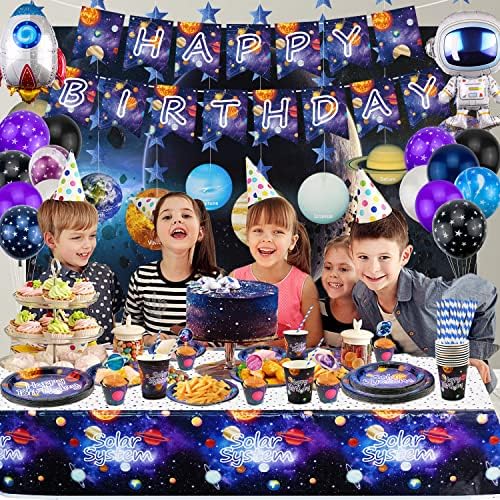 226 PCS Outer Space Party Supplies - Solar System Planet Balloon, Happy Birthday Banner, Hanging Swirls, Cake Topper, Plates, Napkins, Cup, Tablecloth for Boy Kid Party Decorations, Serves 20 Guest