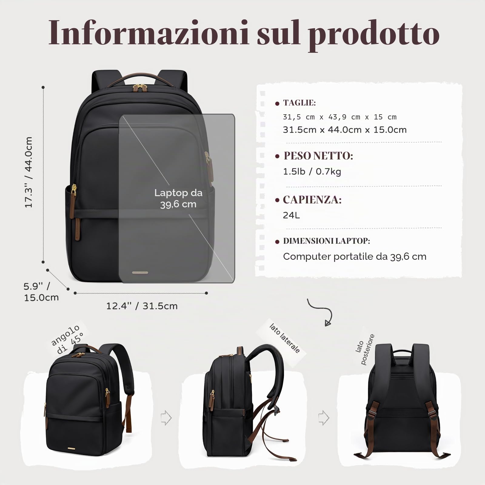 GOLF SUPAGS Zaino Porta PC Donna da 15.6 Pollici, Multifunzionale Zaino da Viaggio, Zainos Lavoro Donna, Zainos Capiente per Università, Viaggi, Ufficio, Scuola (Nero)