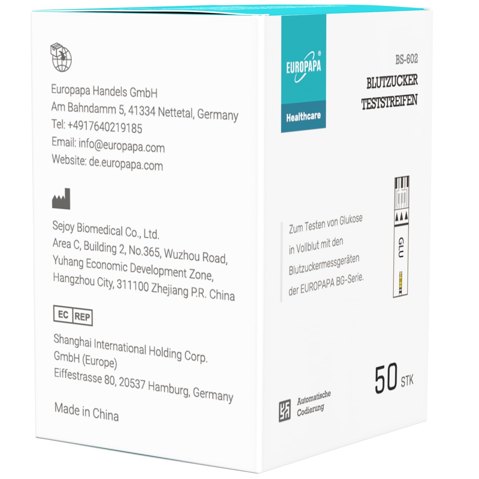 EUROPAPA® Blutzuckerteststreifen 100 STK. für Blutzucker-Wertes Kontrolle, Diabetiker-Teststreifen zur Diabetes- und Glukoseüberwachung, Teststreifen Anwendbar EUROPAPA BG-Serie Blutzuckermessgerät