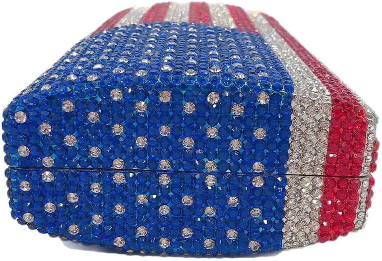 National Flag Evening Clutch Rhinestone Purse for Women, USA Flag Crystal Shoulder Bag, Blue Red