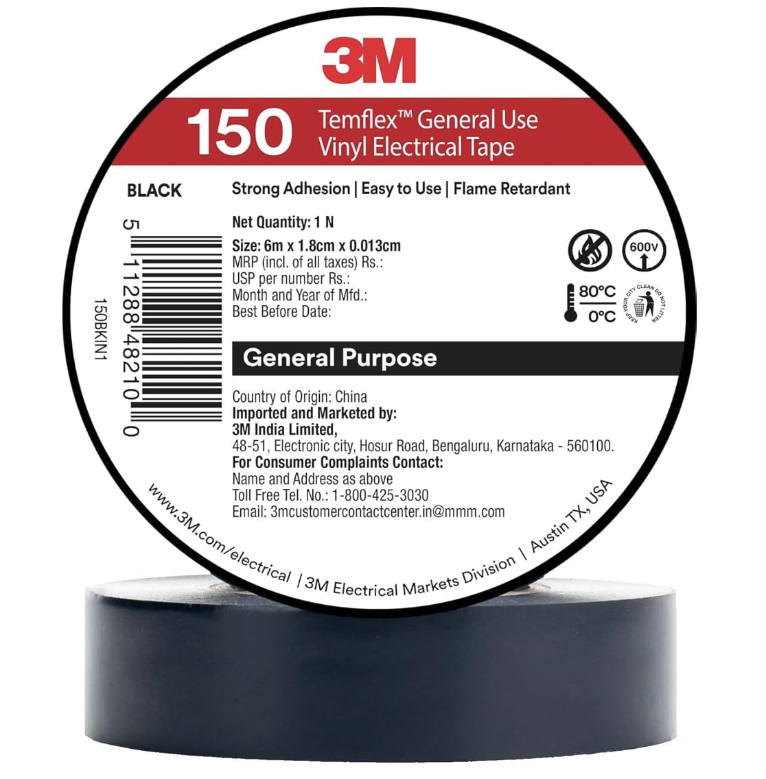 3M Temflex 150 Vinyl Electrical Tape, For Residential and Commercial, Use in General wire harness taping, bundling wires, cables and wire pulling and fishing (18mm X 6M, 10 Rolls/Pack, Black)-image-8