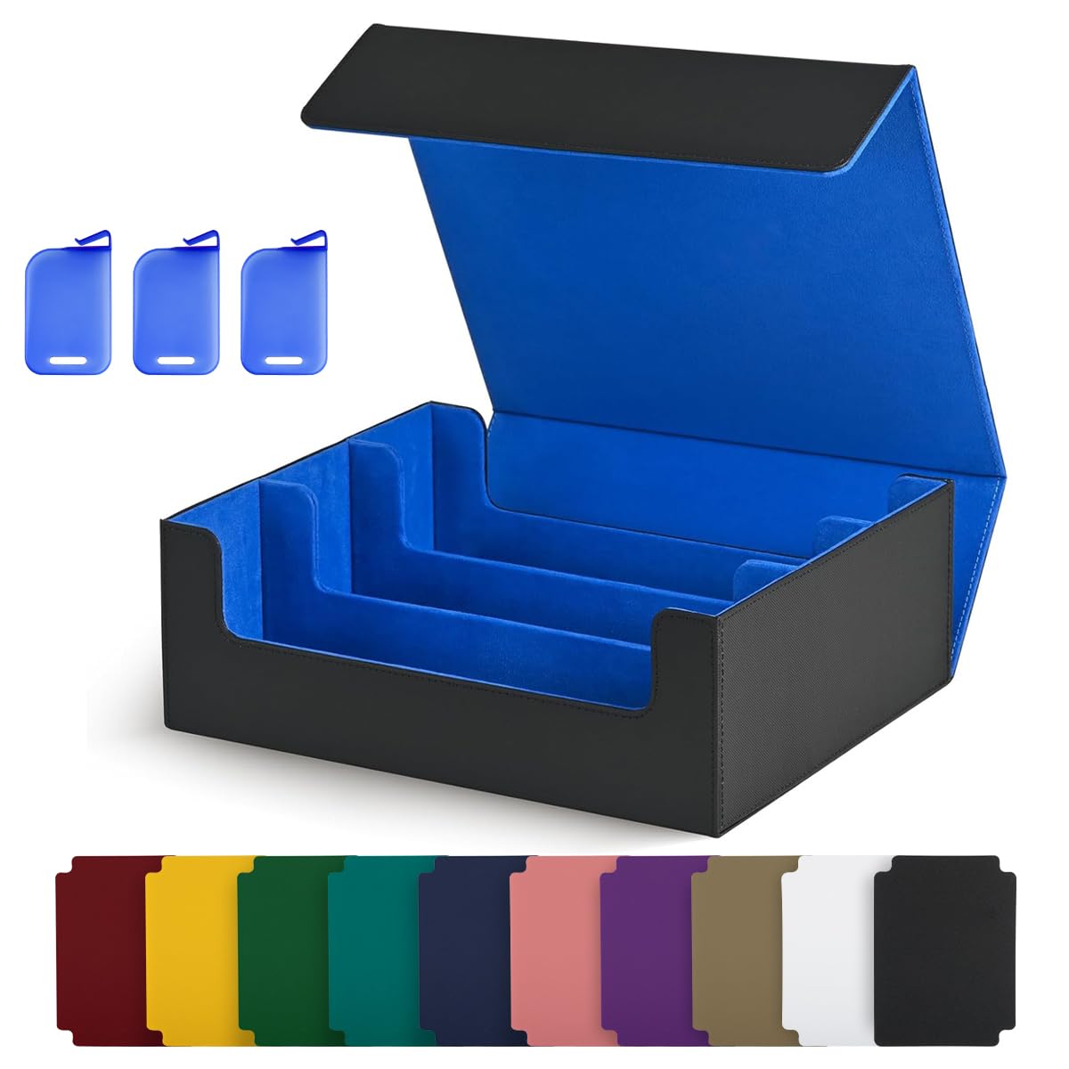 UAONO Card Storage Box for Trading Cards, 1800+ PU Leather Commander Card Deck Case, Magnetic Closure Card Holder Fits for Magic Game Cards (Black&Blue)