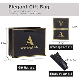 momoake Alphabet Birthday Gift Bag with Card and Tissue Paper for Men Women, 13 Large Black Gold Personalized Bridal Party Gift Paper Bag for Gifts Wrapping - (Letter A)