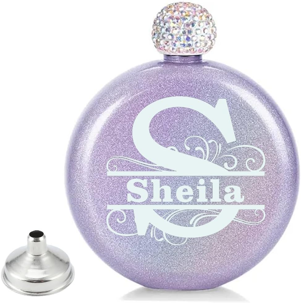 Lavendr Personalized Women's Flask - 50PC Customized Drink & Barware Set with Crystal Lid, Glitter Coating, 5 oz, Portable for Weddings, Bridesmaid Gifts