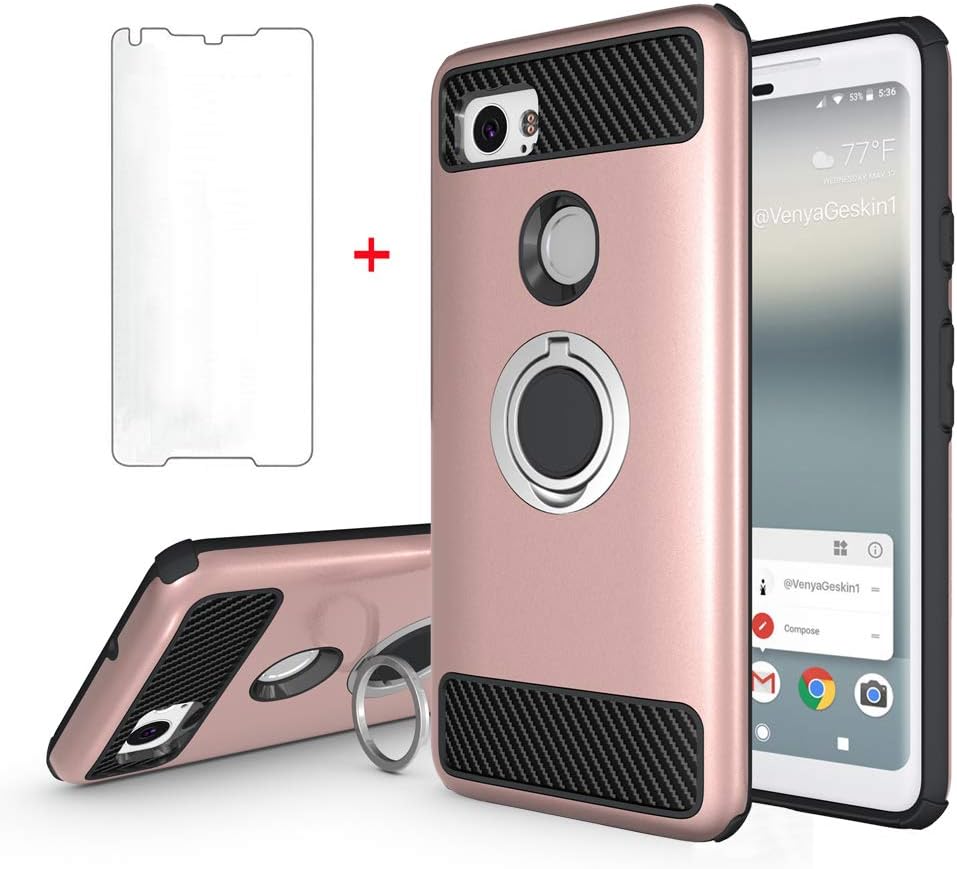 Phone Case for Google Pixel 2XL with Tempered Glass Screen Protector and Ring Holder Stand Kickstand Slim Heavy Duty Silicone Protective Rugged Cover Pixel2XL Pixel2 2 XL Women Girls Pink Rose Gold