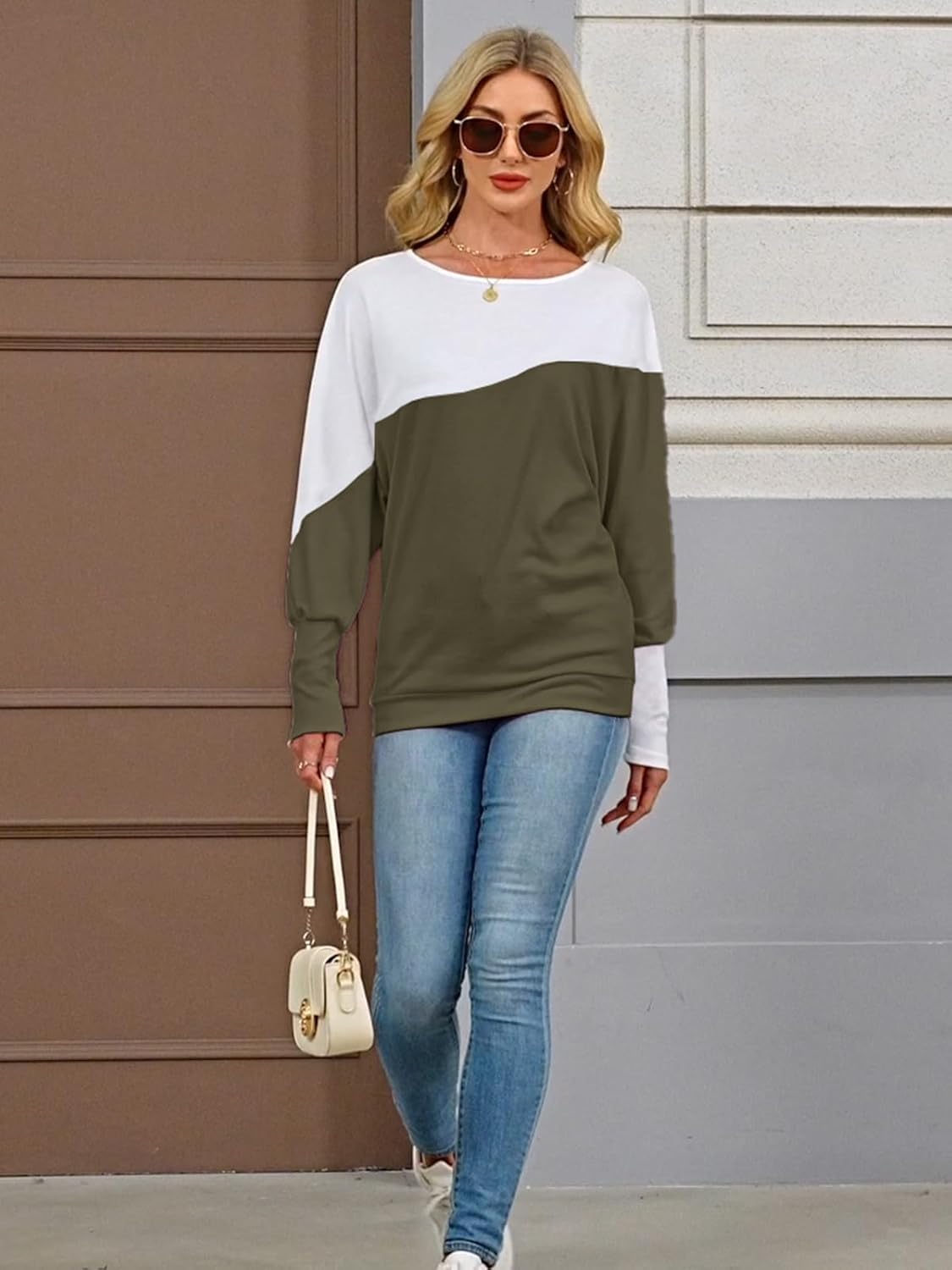 Eniloyal Womens Long Sleeve Tops Oversized Trendy Color Block Round Neck Casual Tunic Shirts Blouses - Image 3