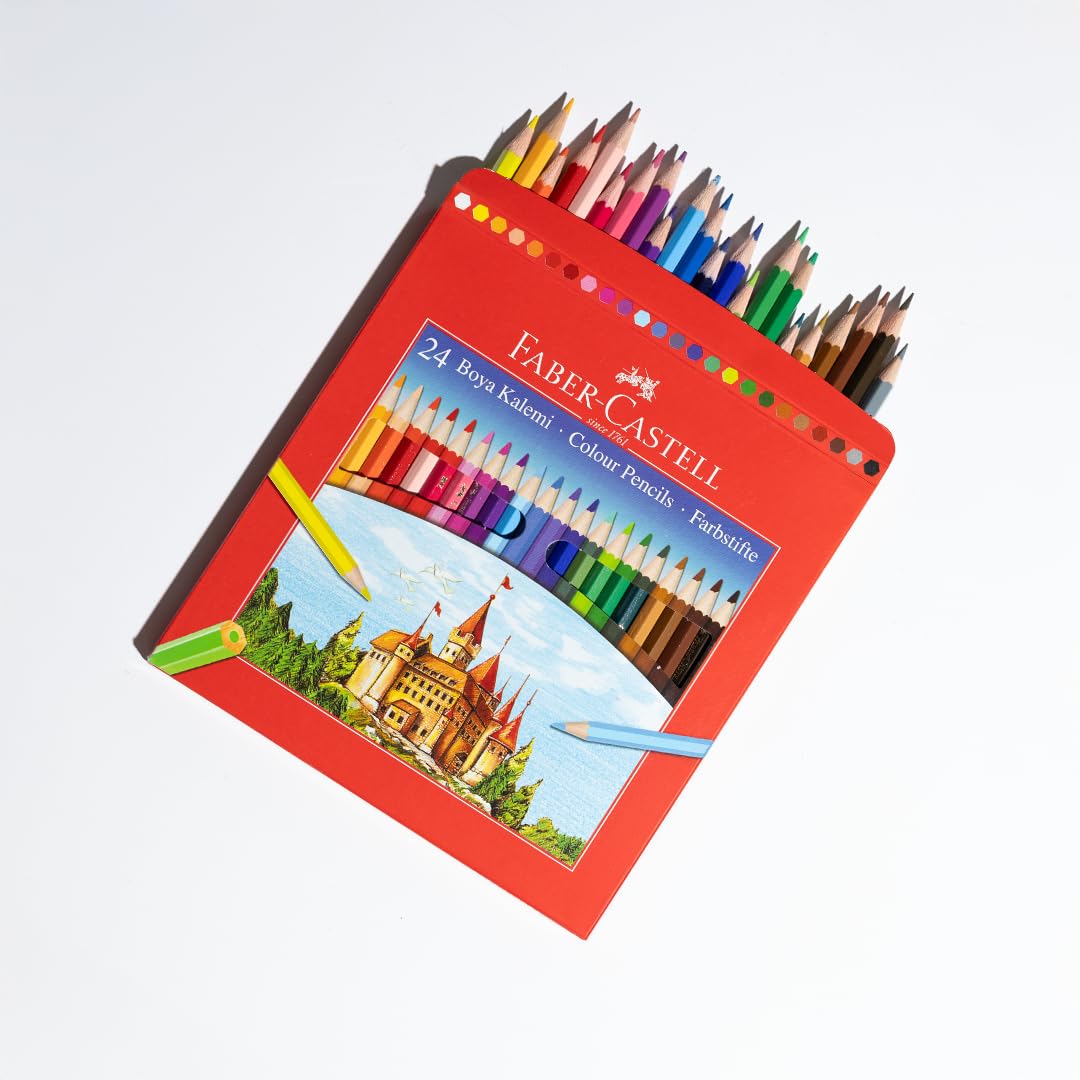 Faber-Castell Karton Kutu Boya Kalemi, 24 Renk, Yumuşak ve Canlı Renkler, Kolay Açılır, Kırılmaya Dayanıklı Uçlar, Uç Kırılmasına Karşı Dayanıklılığı Artıran Özel Yapıştırma Sistemi