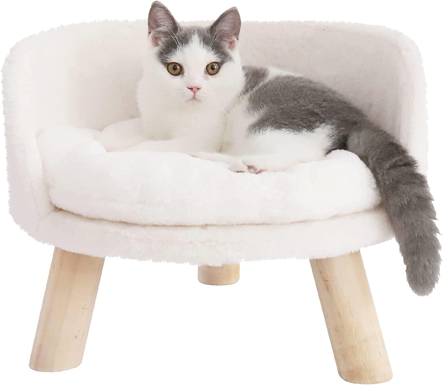 Jaffiust Wool Dog or Cat Bed with Comfortable Nordic Pet Stool Bed with Comfort Pad Waterproof, Pet Chair with Sturdy Wooden Legs for Small Dogs - Easy Maintenance, Machine Wash and Dry (White S)